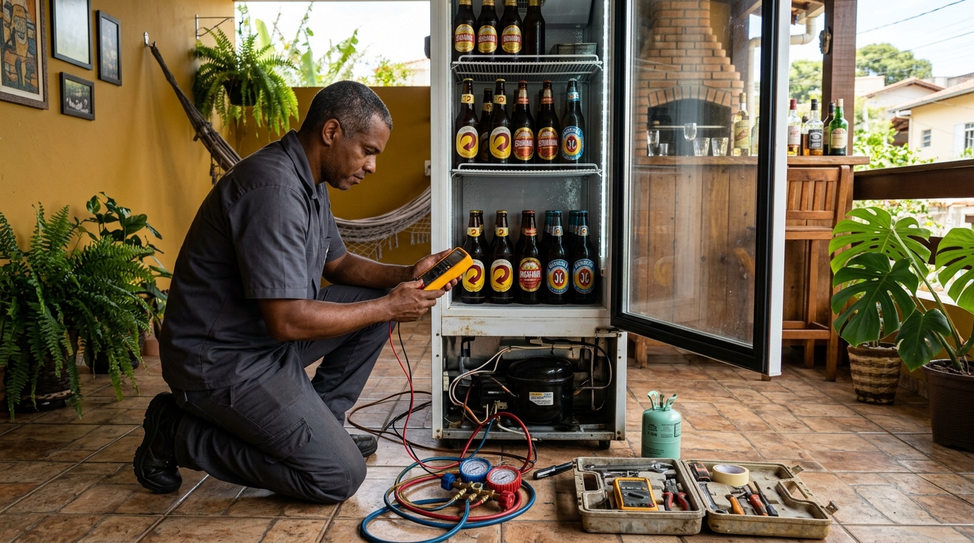 Placa eletrônica de cervejeira em reparo na bancada em Santos‑SP