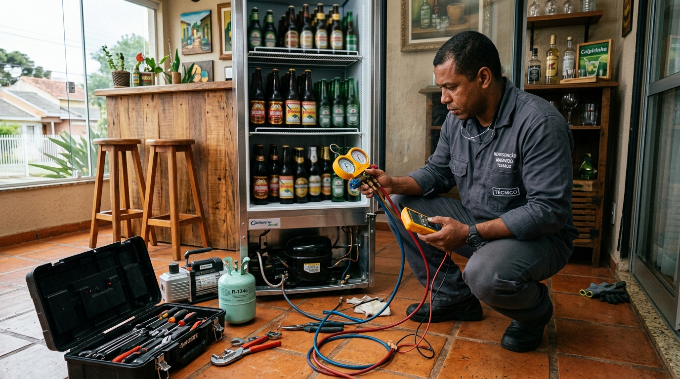 Técnico revisando o motor de uma cervejeira durante chamado em Santos‑SP