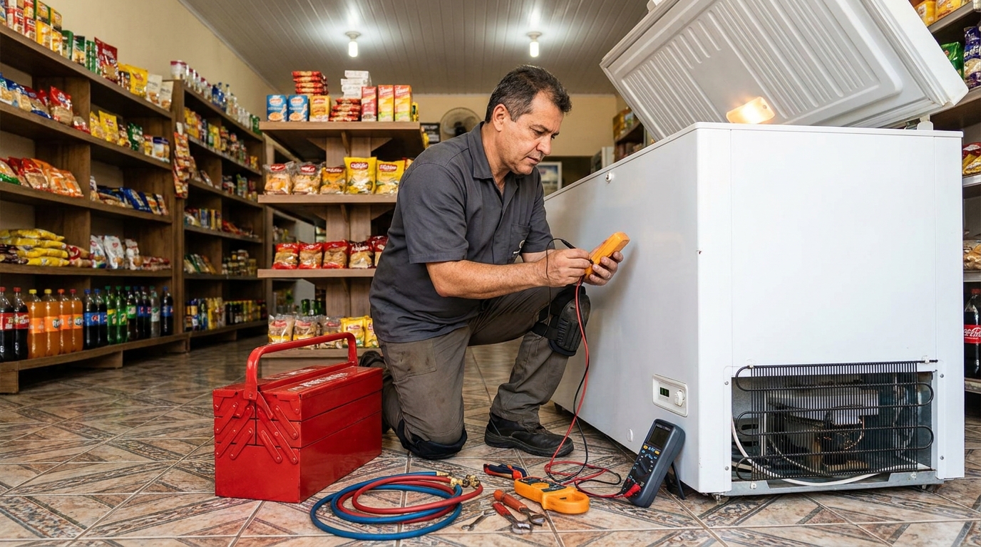 Manômetro conectado ao circuito durante recarga de gás de freezer em Santos‑SP