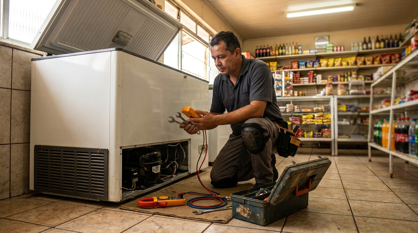 Técnico avaliando um freezer vertical durante atendimento em Santos‑SP