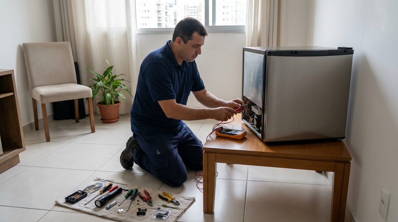 Técnico avaliando um frigobar compacto durante atendimento em Santos‑SP