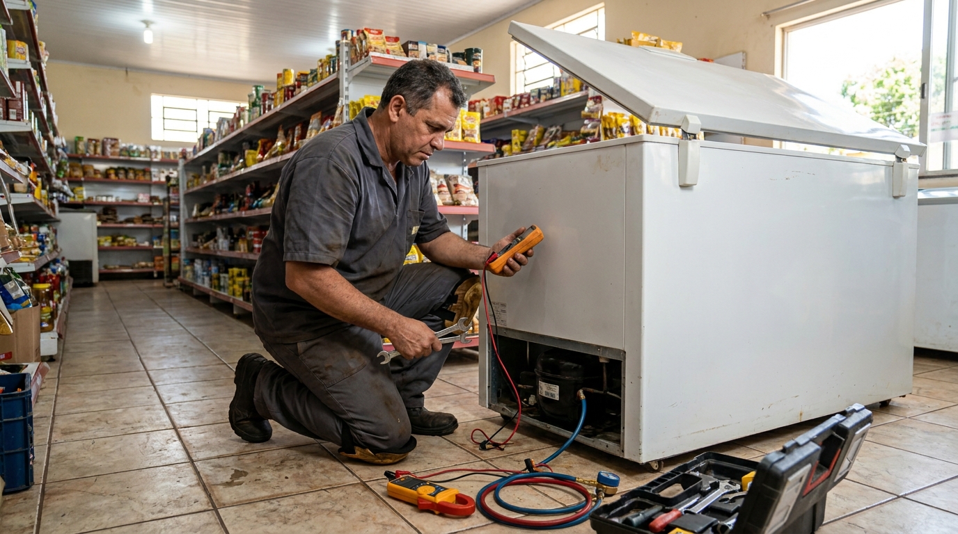 Troca de termostato de freezer em atendimento em Santos‑SP